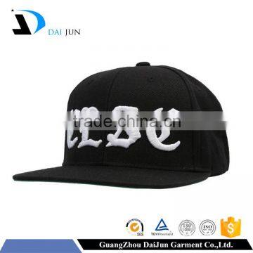 Guangzhou daijun oem factory 100% acrylic black colour plastic buckle flat brim custom high quality men custom 3d embroidery hat