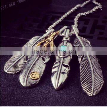 Alloy feather necklace Japanese leaves carved blue stone pendant