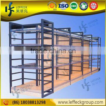 Adjustable solid wooden and steel storage shelves supermarket produced racks