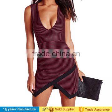 sexy red black plunge neck flattering ribbed asymmetric mini dress