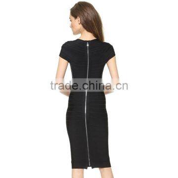 Europe New Sexy V-Neck Midriff Cutout Cap Sleeve Knee Length All Black Feminine Sheath Bandage Dress Plus Size H935 photo-2