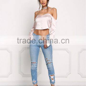 MGOO Custom Manufacturer Polyester Cropped Blouses Blush Silky Cold Shoulder Long Sleeves Satin Crop Tops photo-3