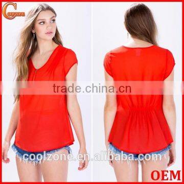 Wholesale Pleated Front Short Sleeves Tee Shirt Cheap Zipper Women Tee