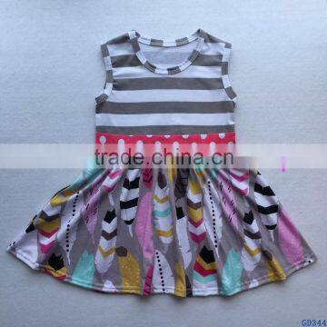 Latest Children Frocks Designs Western Little Girls Stripe Feather Print Cotton Dresses for Summer GD344