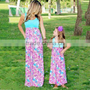 Summer Flower Pattern Mother and Daughter Dresses