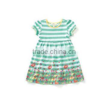 2017 bulk wholesale kids clothing green stripe Floral printing latest dress designs short sleeve summer dress