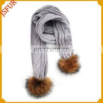 Unique latest design fashion whorl wool knit scarf with raccoon fur pom poms wholesale winter scarf