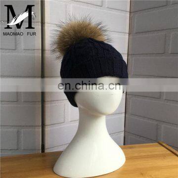 Wholesale Handmade Thick Warm Winter Hat With Natural Raccoon Fur Ball Knitting Baby Beanie photo-5