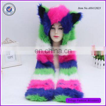 Chic Faux Fox Fur Rainbow Color Russian Winter Animal Hooded Scarf