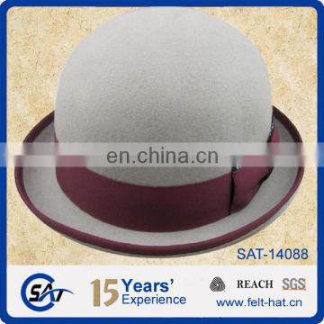 wholesale light color pure wool felt bowler hat with red ribbon