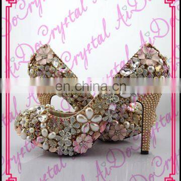 Aidocrystal ltaly stylish high heel dress shoes handmade gold rhinestone flower bridal mid heel wedding shoes