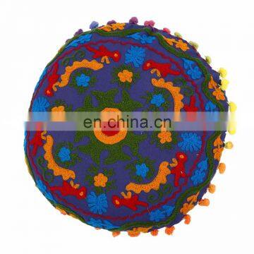 Home Decor Floral Suzani Pillow Cases Embroidered Indian Round Cushion Covers