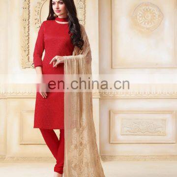 red colored banarasi chanderi suit.