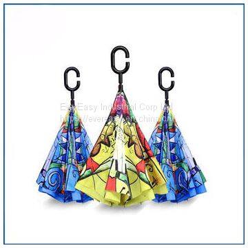 custom print C shape Handle Double Layer Inverted Umbrella Upside Down