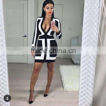 2016 new sey women deep V neck Long sleeve bandage dress white black strap patchwork evening party prom winter Dress Wholesale