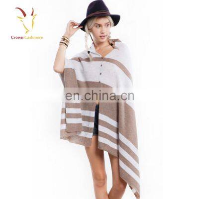 Cashmere Wool Knitted Poncho Shawls with Buttons Stripe Color Block Shawl