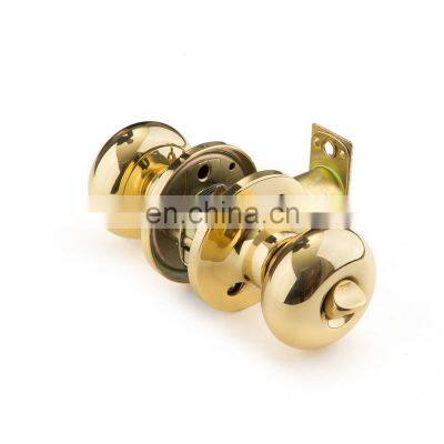 Gold color steel round knob interior tubular door lock for home security with 3 brass keys