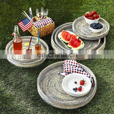 Seagrass Basket Tray Round Decorative Serving Tray Set Handmade