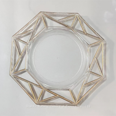 Wedding Party Supplies Decorations 13 Inch Retro Clear Gold Rim Octagonal shape Plastic Charger Plate