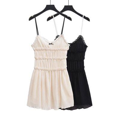 Spring new European and American style small bow decoration texture slim fit suspender dress for women