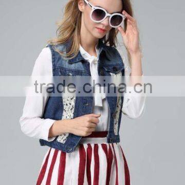 Summer Women Lace Stitching Jean Vest Waistcoat Denim Vest photo-5