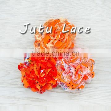 HaLLOWeeN OraNGe/BLaCK LaCe-Set of 3 Gorgeous Shabby Chic Frayed Chiffon and Lace Rose Flowers- 3.75 inch