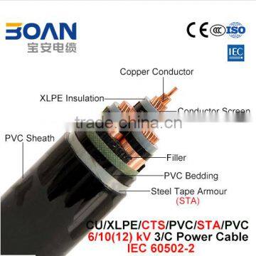 Cu/XLPE/Cts/PVC/Sta/PVC Power Cable 6/12Kv 3/C IEC60502-2