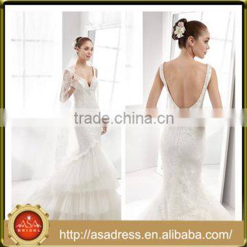 A37 Generous Lace Appliqued Bridal Wedding Gown 2016 Beaded Pearls Deep V Neck Full Length Backless Wedding Dress Mermaid Ruffle