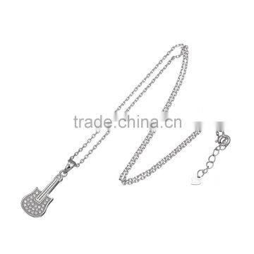 Music Theme Jewelry 925 Sterling Silver Clear Crystal Guitar Shape Pendnat Necklace photo-3