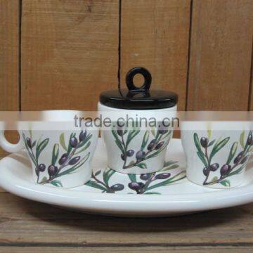 New olive ceramic coffee cup with sugar bowl with tray set