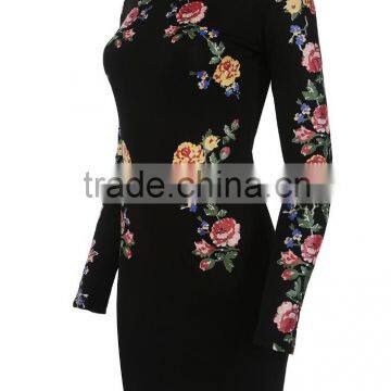 2016 Autumn New Arrival 3D Floral Print Stand Collar Bodycon Dresses Black Long Sleeve Midi Dresses OXL141117 photo-4