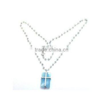 Natural Aqua Chalcedony and Aqua 18 Sterling Silver Necklace