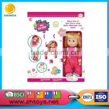 14 Inch ic Doll With Nice Clothes and Gold Hair Carrier Stroller and Plastic Basket