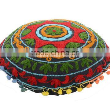 Suzani Embroidered Round Mandala Floor Pillow Cover Indian Ethnic 16" Cushions Vintage Pillow Shams