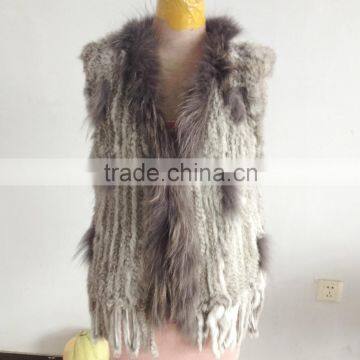 Lady's tassel style knitted rabbit fur vest with raccoon fur collar