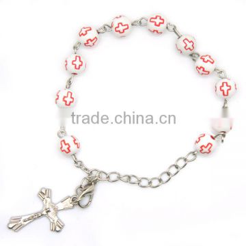 Decade rosary, printed cross bead bracelet, acrylic bead bracelet