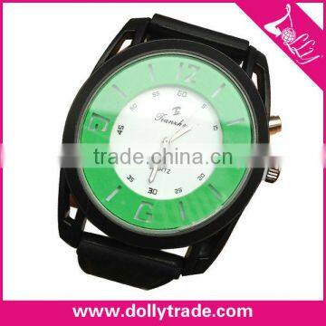 Stainless Steel Back Green Circle Black Rubber Strap Watch