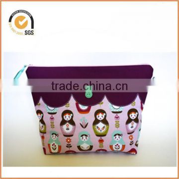 2014 Retro Style Zipper Pouch/Makeup Bag: Purple Scallops on Lavender Russian Doll/Matryoshka Fabric with Green Vintage Buttons