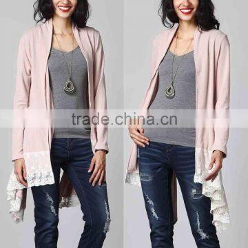 Cheap Wholesale Custom Made in China Stylish Girls Women Fashion Mauve Open Lace-Hem Sweater Cardigan