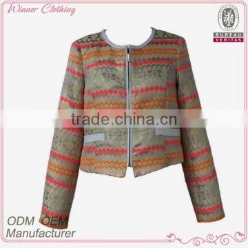 Bulk wholesale round neck jacquard women jacket with gold metal