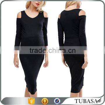 ladies double layer bodycon midi fashion maternity clothes nursing dress with cold shoulder