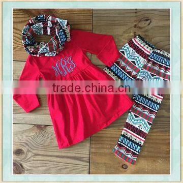 Wholesale baby girls clothes scarf red embroidery long sleeve top and pattern pant