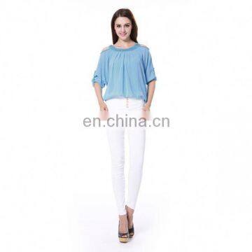 Pockets and Buttons Design White Pants Wholesale Lady Pants