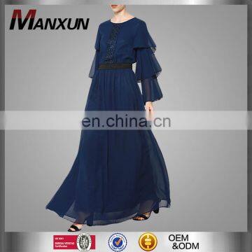 New Arrival Navy Blue Ruffled Sleeves Muslim Women Clothing Chiffon Maxi Dress