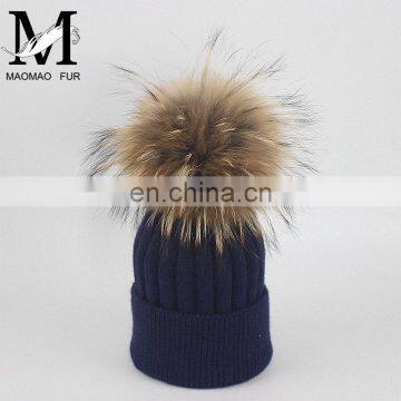 Top Quality Big Fur Pom Pom Kids Hats Raccoon Fur Balls Baby Knitted Hat photo-2