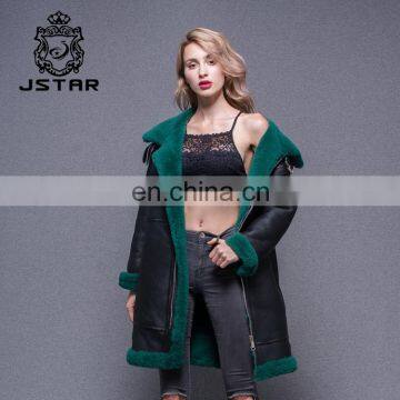 Long Style Green Double Face Sheepskin Fur Leather Jacket For Women