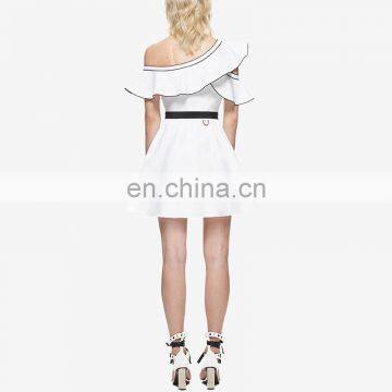 New Arrived One Shoulder off Cute Dress White Cotton Butterfly Sleeve Fit and Flare Mini Solid Dress photo-2