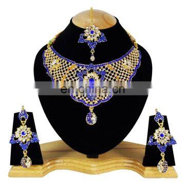 Fancy Intricate Design Blue Color Flower Gold Plated Kundan Zerconic Necklace Earrings Tikka