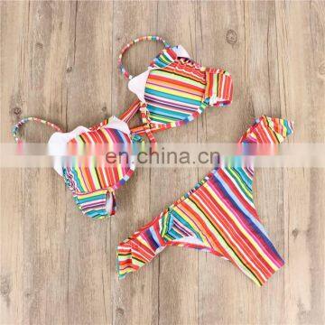 Colorful Stripe Printed Ruffle Micro Bikinis Set Neon High Waist Swimsuit Women Sexy Hot G String Push Up Swimsuit photo-4