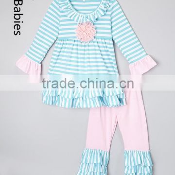 Dongguan clothing 2016 girl light blue & Pink stripe ruffle top & leggings